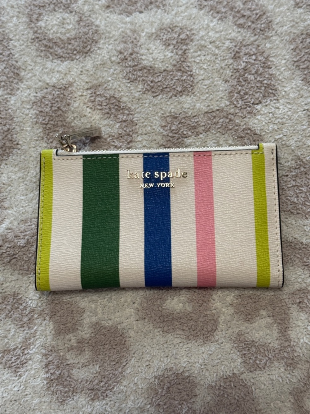 kate spade Striped Zip Card Wallet in Cream, Green, Blue & Pink